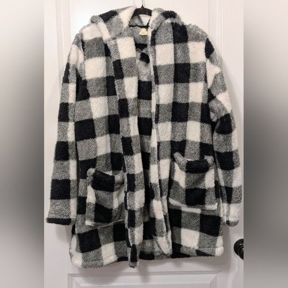 Poppy & Whimsy Buffalo Plaid Hooded Fleece Sherpa Teddy Jacket 1X Plus Size Cozy - Picture 2 of 8